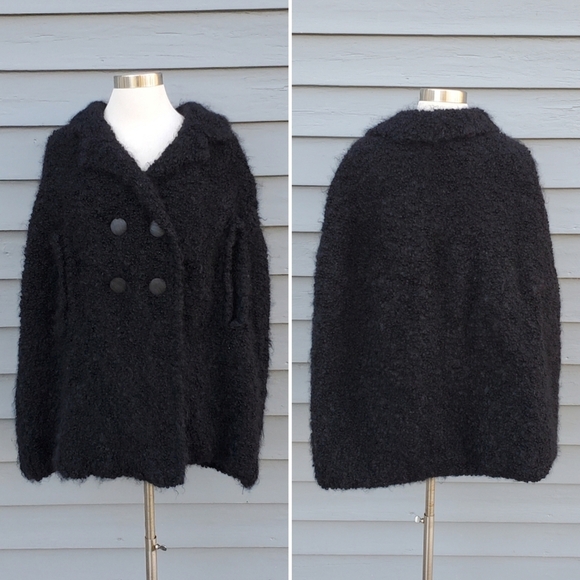 Vintage 80s Retro Faux Mongolian Persian Lamb Black Fur Cape O/S - Picture 1 of 8